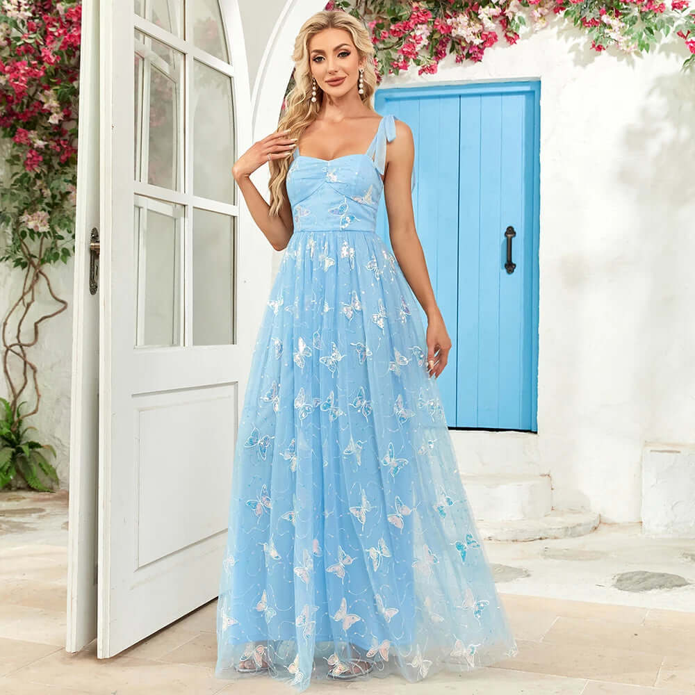 Women's shimmering blue A-line party dress with elegant embroidered butterflies, perfect for special occasions & proms.