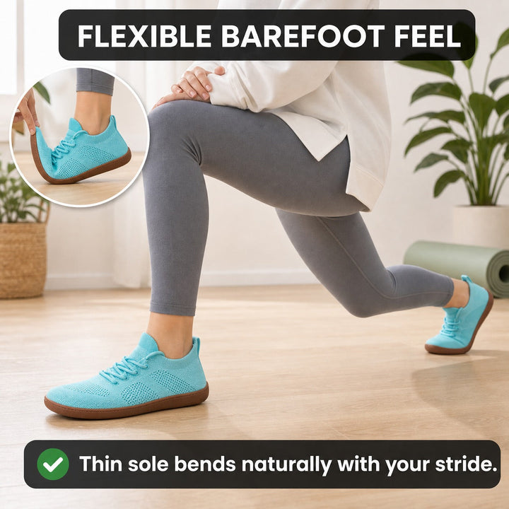 Minimalist women's walking shoes, designed with a wide toe box for natural foot splay.
