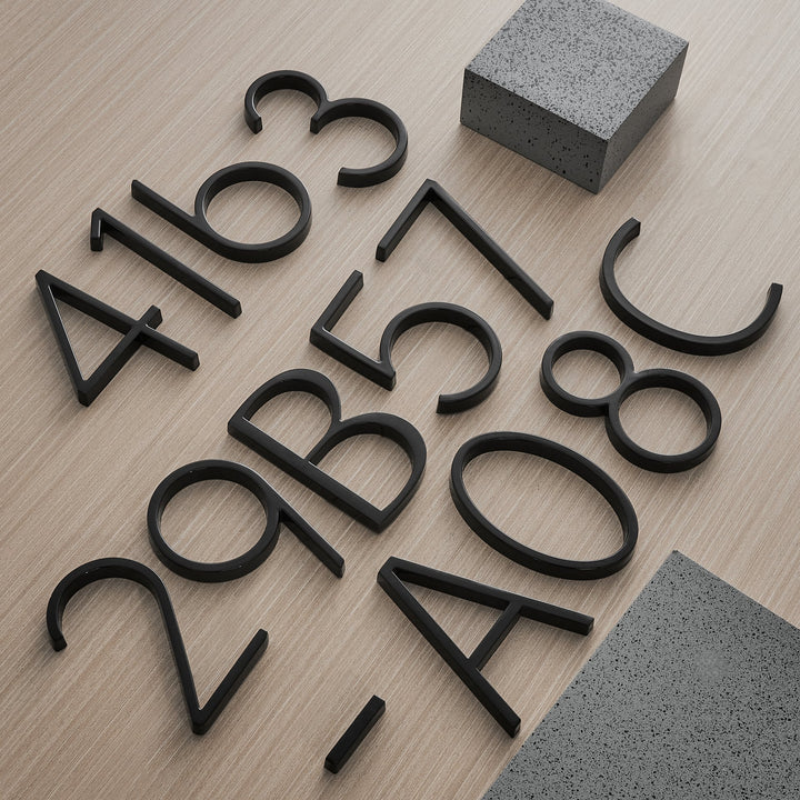 Modern 5-inch floating house numbers for contemporary home exterior decor. Enhances curb appeal.