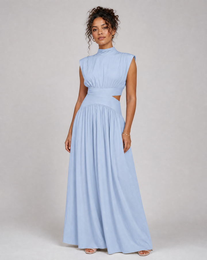 Elegant women's blue cut-out waist maxi dress gown, perfect for wedding guests, races, or formal evening events.