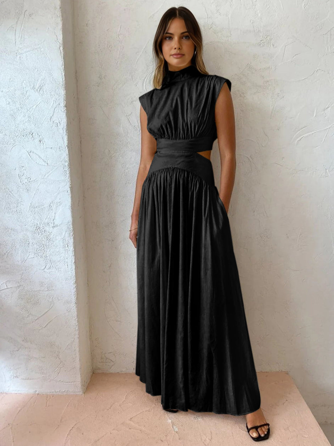 Stylish women's cut-out elegant maxi dress gown. Ideal formal evening or special occasion wear, blue & black.