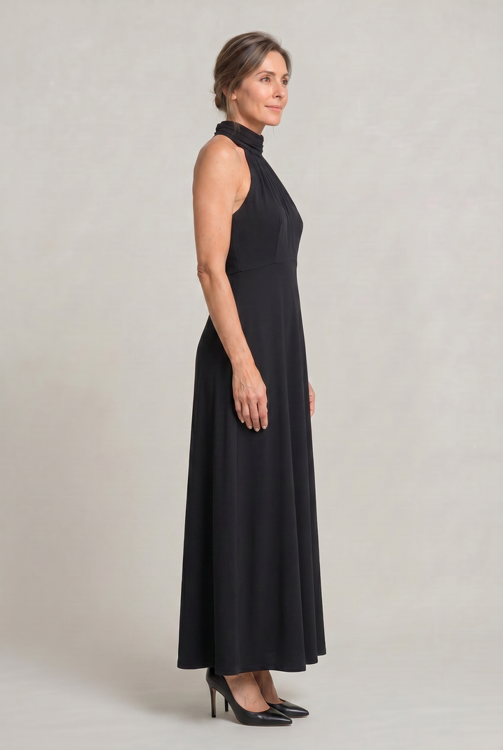 Women's high neck black maxi dress, ideal for parties, formals, or as a sophisticated bridesmaid dress.
