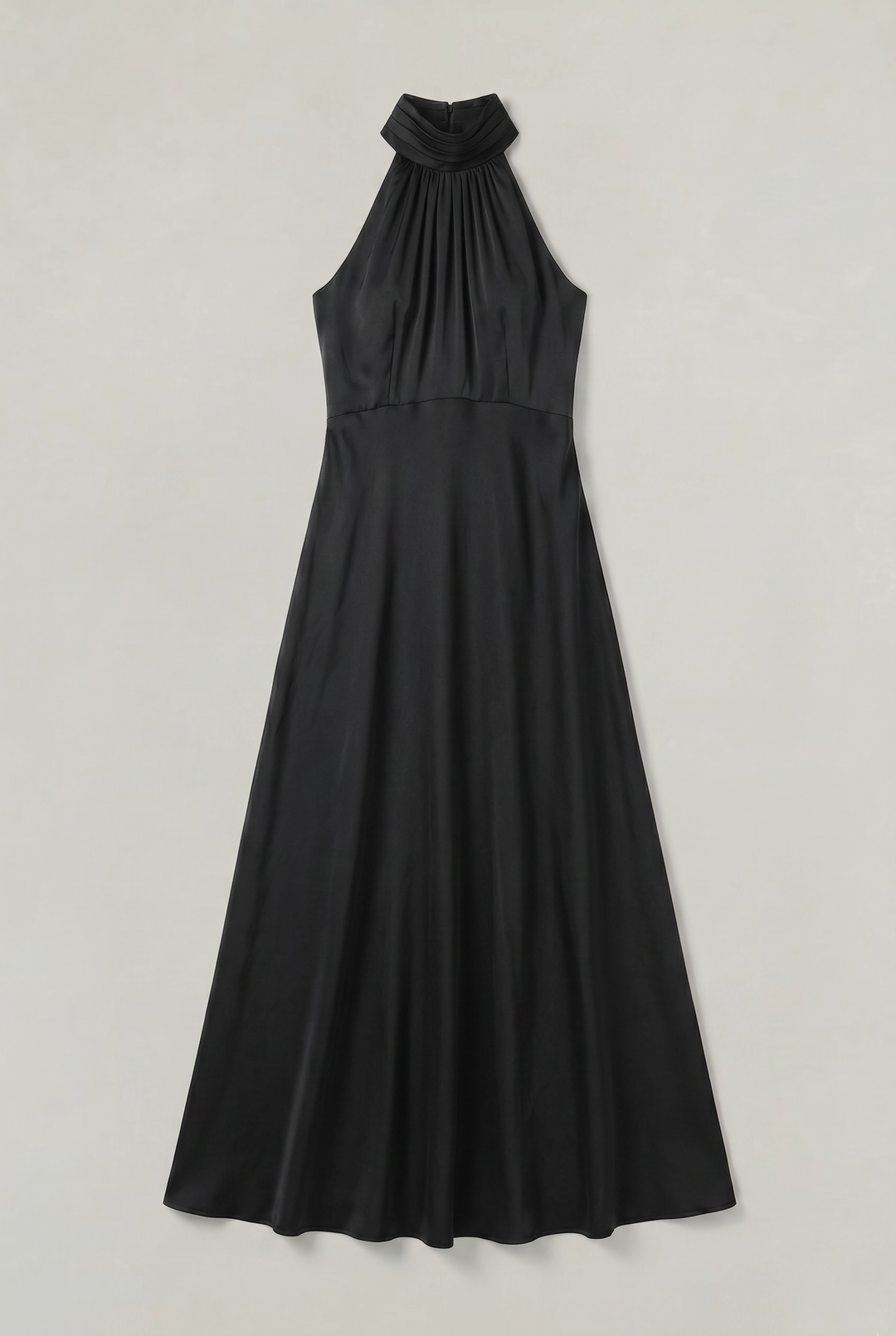 Graceful black A-line maxi dress with a high halter neck. An elegant women's party and formal evening gown.