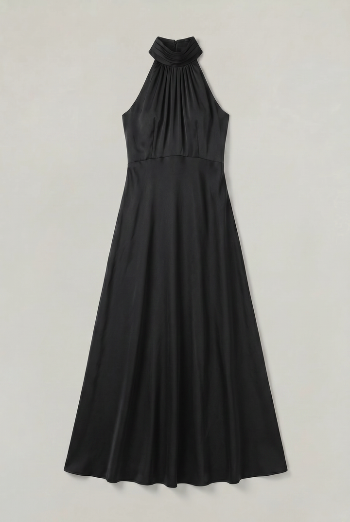 Graceful black A-line maxi dress with a high halter neck. An elegant women's party and formal evening gown.