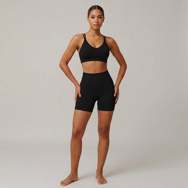 Women's stylish high-waisted bike shorts activewear set with crop top. Perfect for gym & yoga workouts.