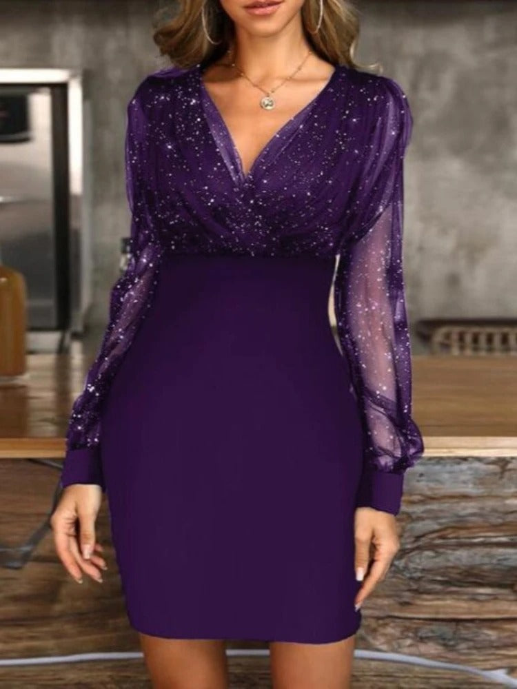 Dazzling women's sequin bodycon mini dress with sheer long sleeves, perfect for parties & special occasions.