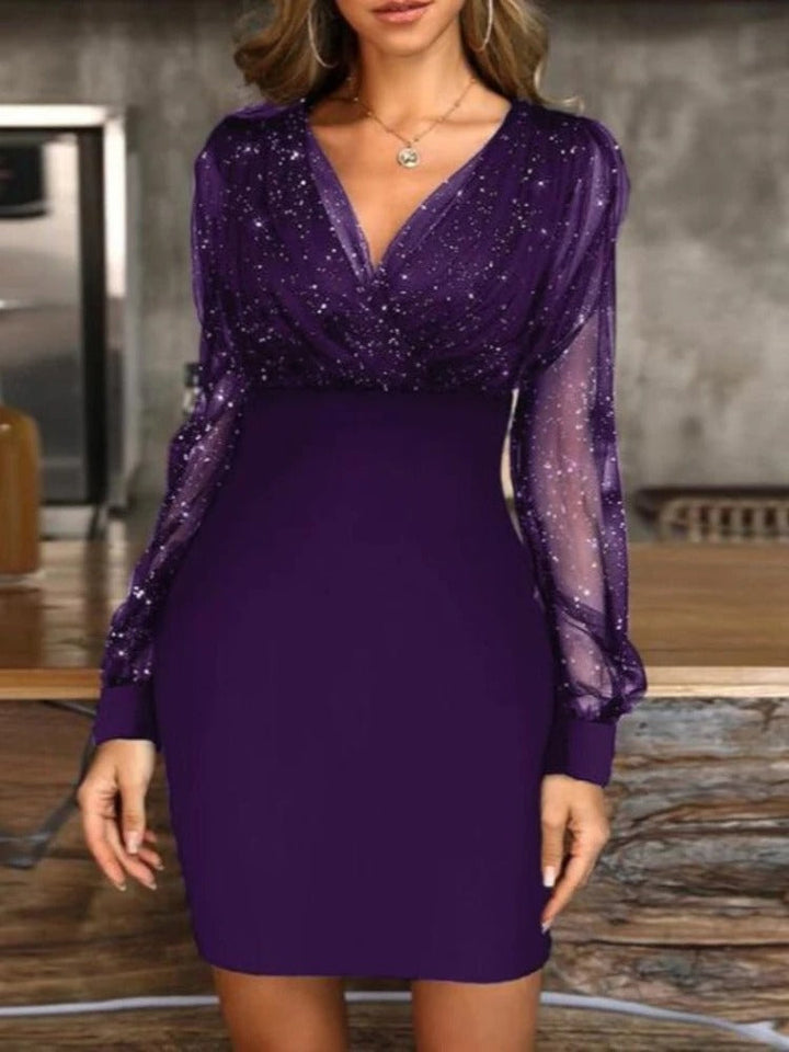 Dazzling women's sequin bodycon mini dress with sheer long sleeves, perfect for parties & special occasions.
