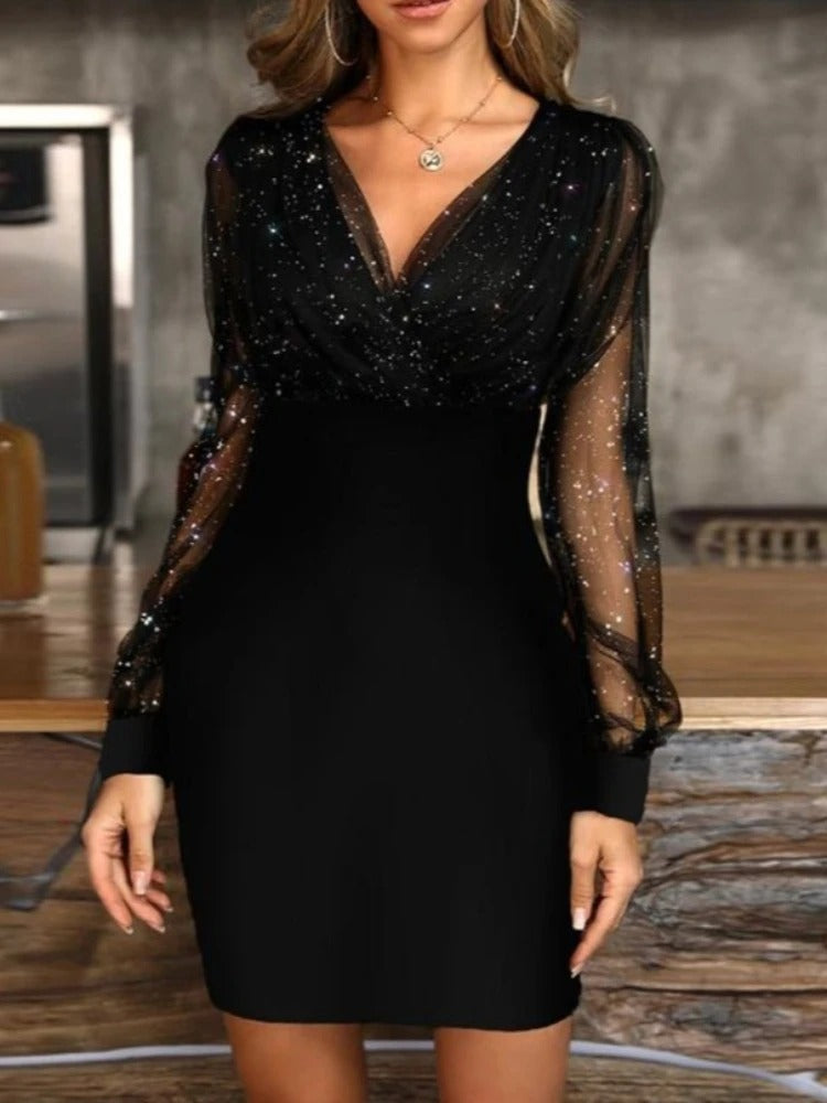 Sparkling sequin bodycon dress for women, featuring sheer long sleeves. An elegant choice for parties & special occasions.
