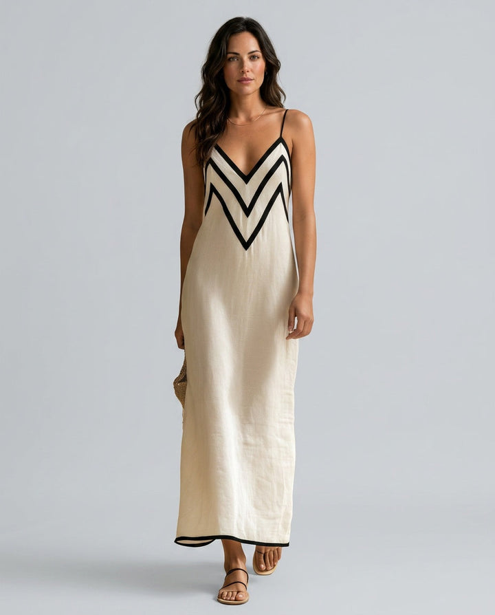 Elegant women's timeless maxi slip dress with stylish chevron trim, perfect for summer vacations & resort wear.
