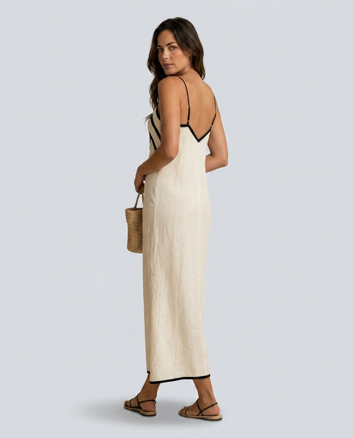 Sleeveless women's chevron trim maxi slip dress. Ideal beach wear & summer dress for a chic vacation look.