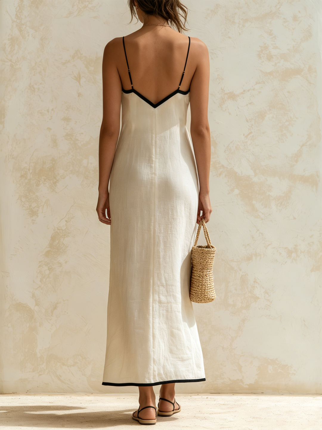 Stylish women's maxi slip dress featuring unique chevron trim. A timeless and elegant choice for any occasion.